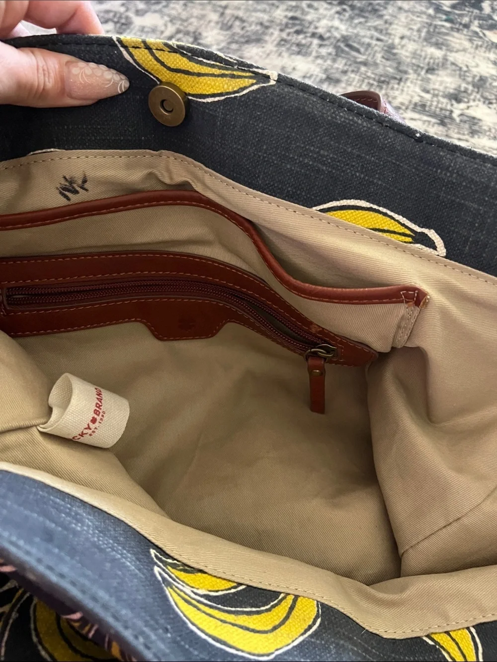 Lucky Brand Navy Denim Tote with Yellow Banana Print and Brown Handles